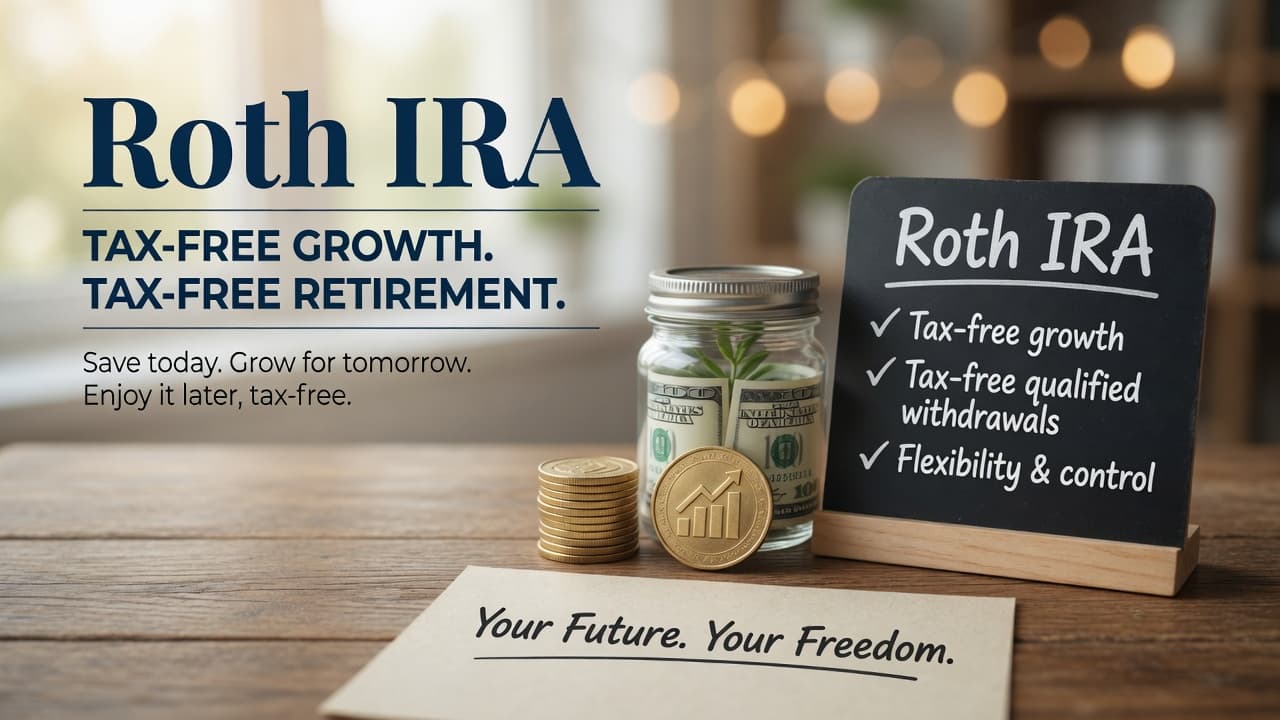 Roth IRA jar and coins illustrating tax-free growth for retirement